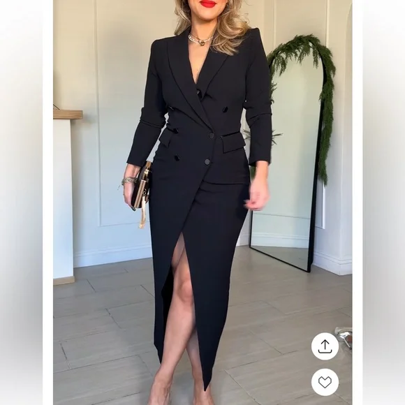 Express Double Breasted Padded Shoulder Tuxedo Maxi Blazer Dress Black Small NWT - Picture 11 of 15